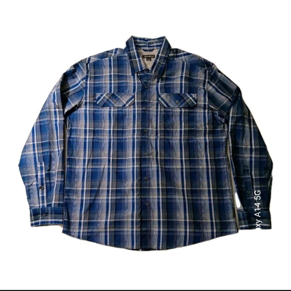 Eddie Bauer Men's Button Down Shirt Size XL Blue Plaid Mesh Long Sleeve Outdoor